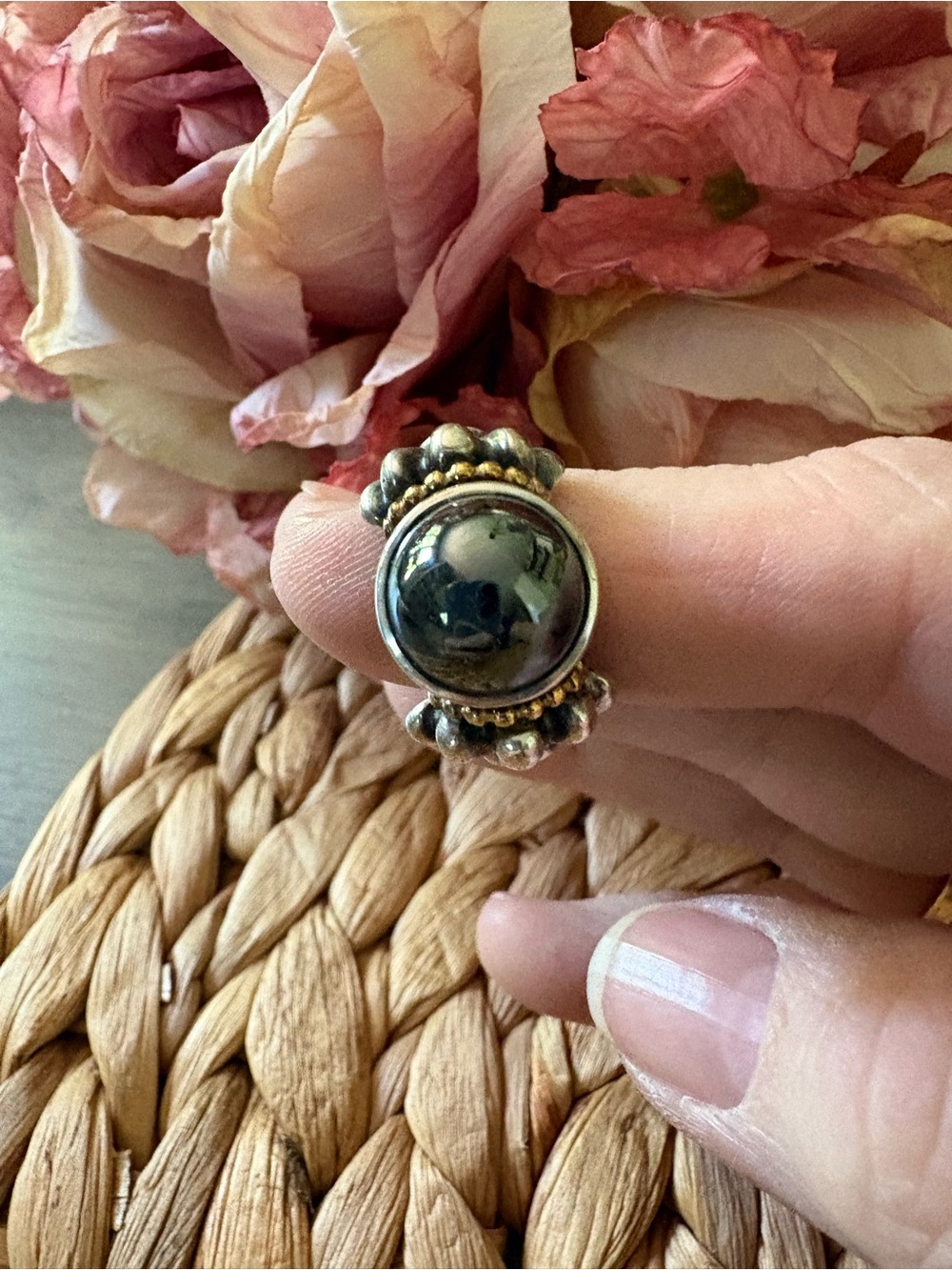 Lagos Caviar Sterling Silver Hematite Dome Ring in .925 Sterling & 18 Kt. Gold